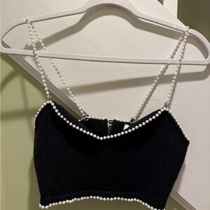 Elegant Black Pearl-Trimmed Women's Top